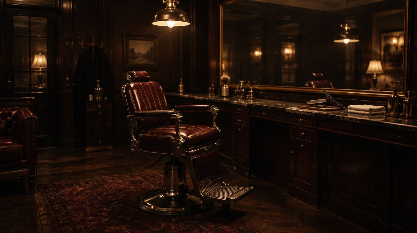 An empty barbershop after hours, a leather chair under low brass lamps and dark wood paneling.