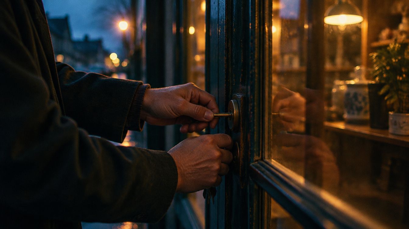 A hand turning a key in a shop door at first light, the street lamps still on outside.