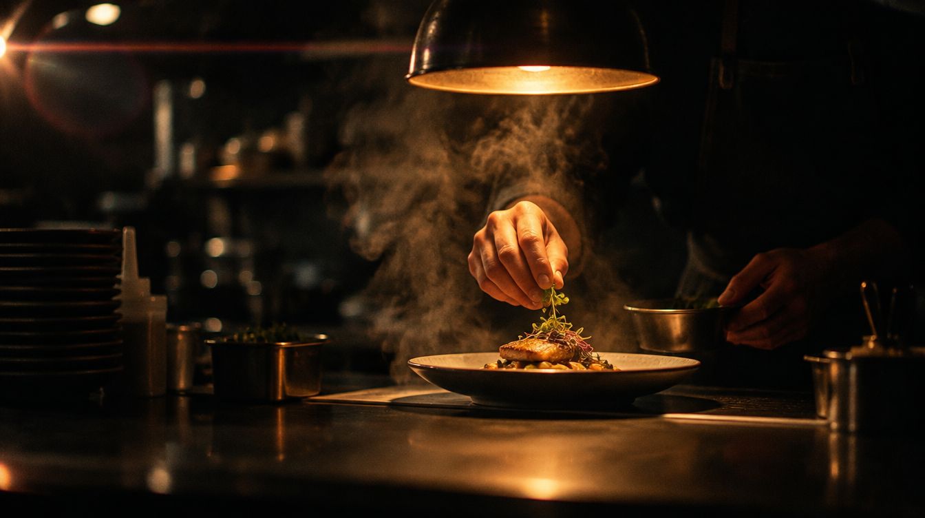 A cook's hand placing a garnish on a plate under a warm pass lamp, steam rising in a dark kitchen.