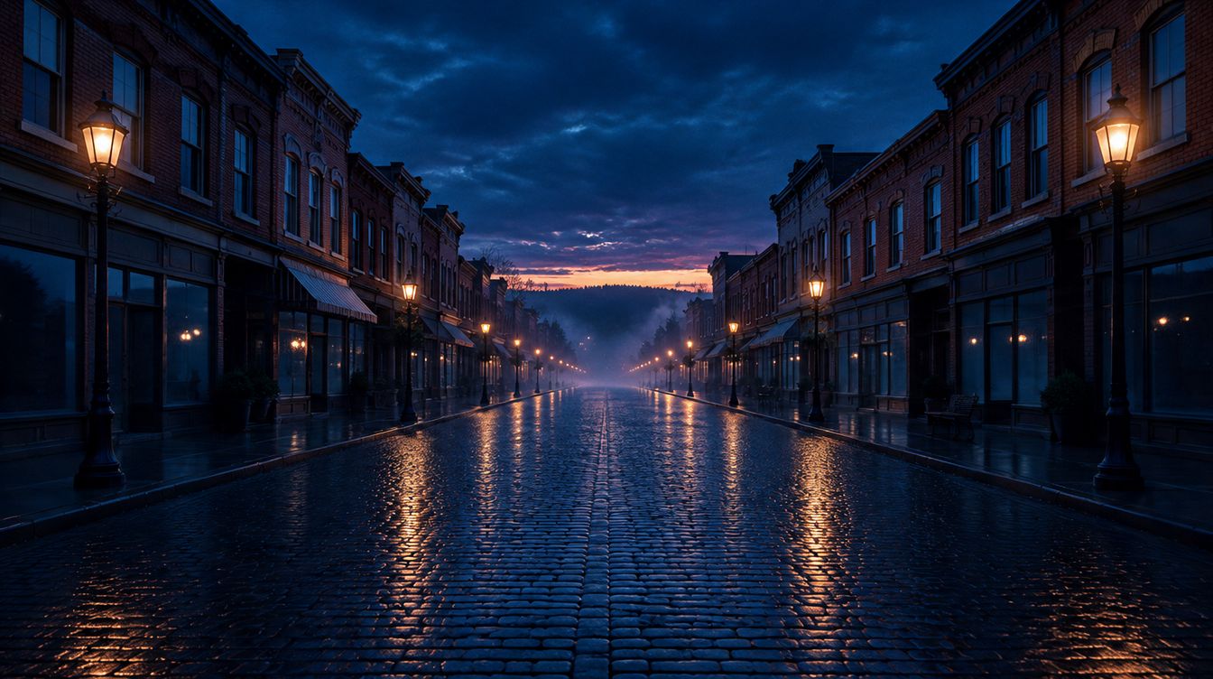 A brick main street at blue hour after rain, its shop windows lighting up warm amber one by one along the wet cobblestones.